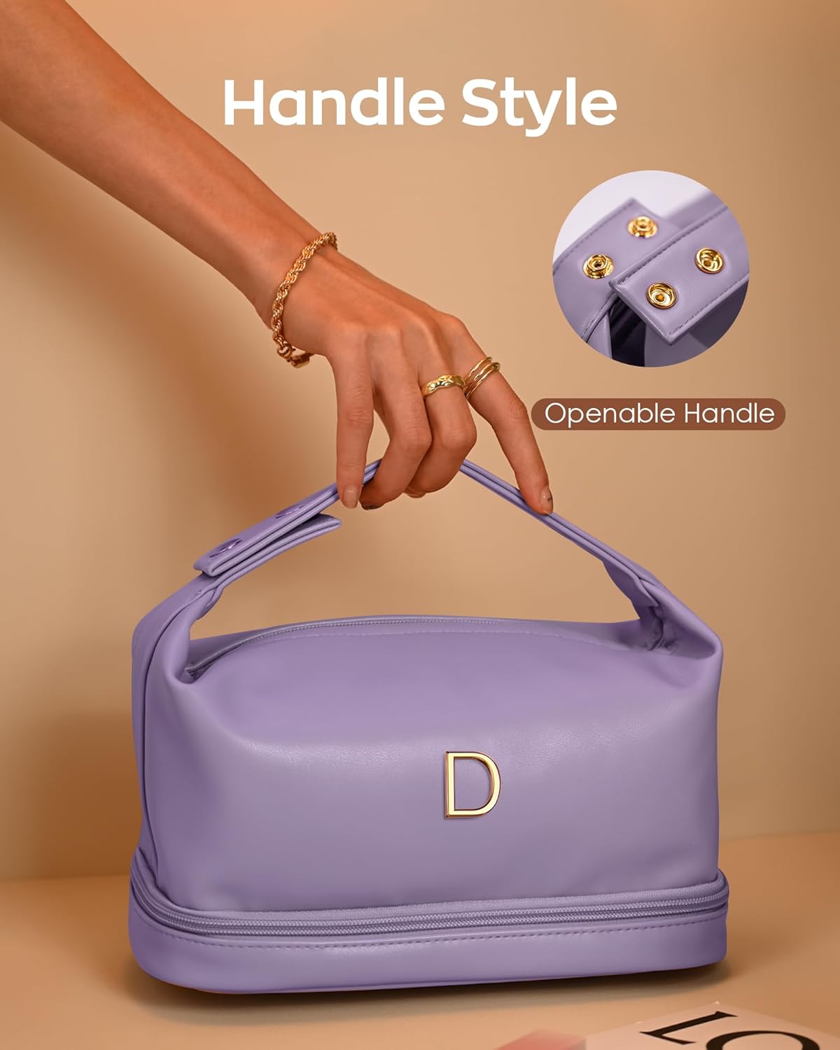 Initial Makeup Bag Personalized Bags with Handle, Waterproof Double Layer Cosmetic Bag, Large Capacity PU Leather Makeup Bags Letter Travel Toiletry Bag with Makeup Brush Organizer