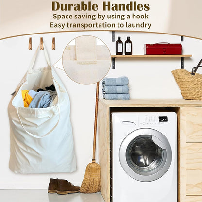 Canvas Laundry Bag with Handles & Drawstring Closure 27.5”x35", Thick Cotton Laundry Bag Heavy Duty Washable Dirty Clothes Travel Sack for Camp, College Dorm, Laundromat (Beige L, 2 Pack)