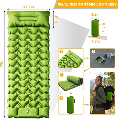 Ultralight Camping Sleeping Pad with Built-in Pillow & Foot Pump, Compact Inflatable Air Mattress for Backpacking, Hiking, Tent, Travel Camp & Outdoor Adventures