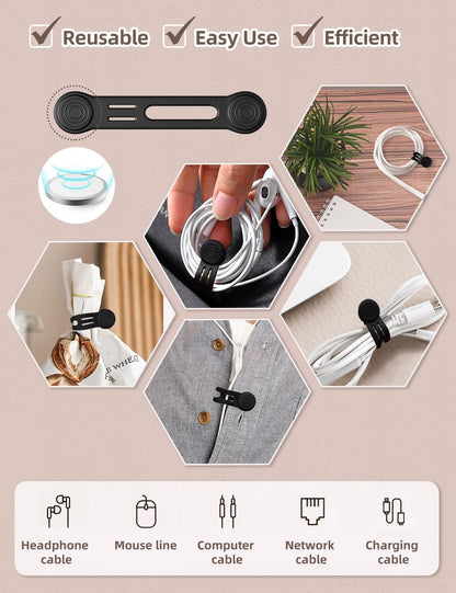 Kanemc Magnetic Ties For Cords, Cord Wrap Silicone Zip Ties Twist Ties Magnet Strap For Smartphone Charger Earphone Video Game USB C Cables (8-Pack, Black)