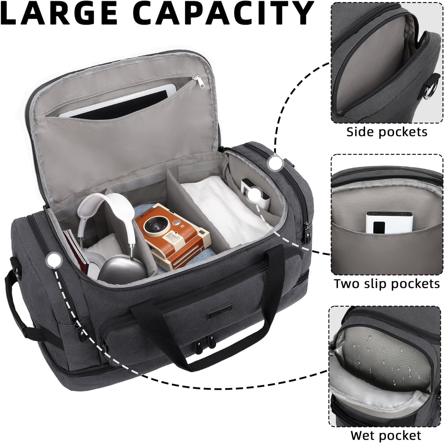 ZOMFELT Duffle Bag for travel, 40L Canvas Travel Duffel Bags for Men Women, Water Resistant Overnight Weekender Bag with Toiletry Bag & Shoe Compartment, Carry on Luggage Bag for Travel, Gym, Black