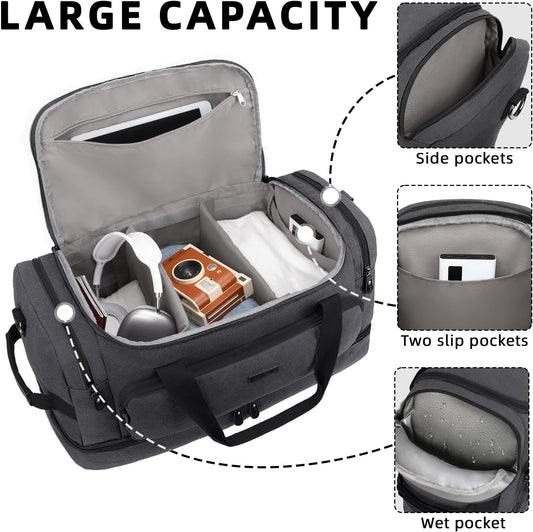 ZOMFELT Duffle Bag for travel, 40L Canvas Travel Duffel Bags for Men Women, Water Resistant Overnight Weekender Bag with Toiletry Bag & Shoe Compartment, Carry on Luggage Bag for Travel, Gym, Black