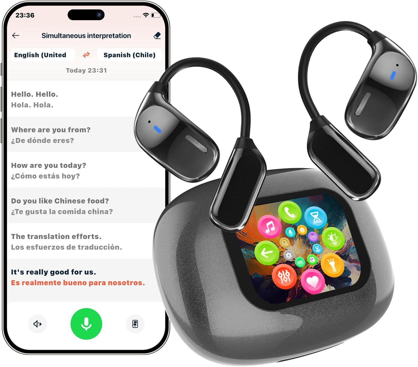 AI Translation Earbuds Real Time- 144 Languages, Meeting Assistant, LCD Touch Screen, Noise Cancelling, Wireless Open Ear Translator Earbuds- Used for Travel, Business, Learning, Grey pr