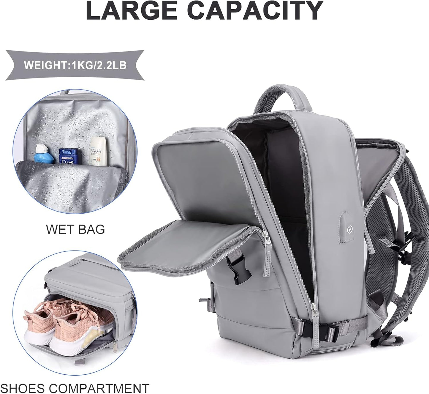 coowoz Travel Backpack For Women Men,Carry On Backpack,Hiking Backpack Waterproof Outdoor Sports Rucksack Casual Daypack Travel Essentials(Grey)