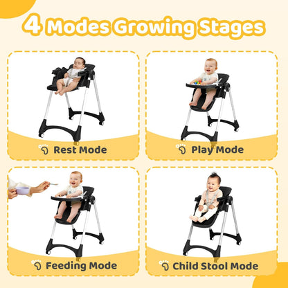 JOYMOR Foldable Baby High Chair, 4 in 1 Convertible Highchair for Eating, Height Adjustble and Multiple Recline, Compact Foldable Design for Easy Storage (Black)