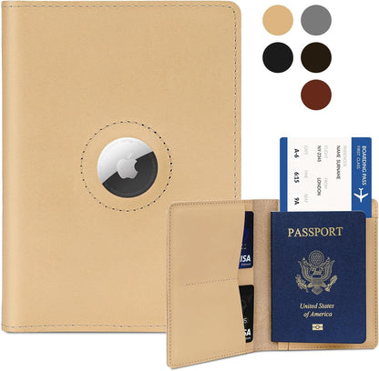 Airtag Passport Holder for Men and Women Travel, Real Leather Passport Wallet, Handmade Passport Cover Case with Airtag Slot, Travel Must Haves Essentials Accessories Birthday Gifts(Crazy Horse,Beige)