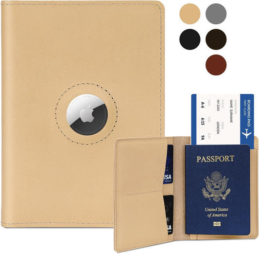 Airtag Passport Holder for Men and Women Travel, Real Leather Passport Wallet, Handmade Passport Cover Case with Airtag Slot, Travel Must Haves Essentials Accessories Birthday Gifts(Crazy Horse,Beige)