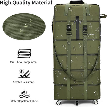 Expandable Foldable Luggage, 42'' Suitcase With Spinner Wheels, Rolling Duffle Bag with Wheels and Handle, Collapsible Luggage, With 2 Handle Wrap and 2 Fixing Straps, 1 Shoulder Strap (Green)