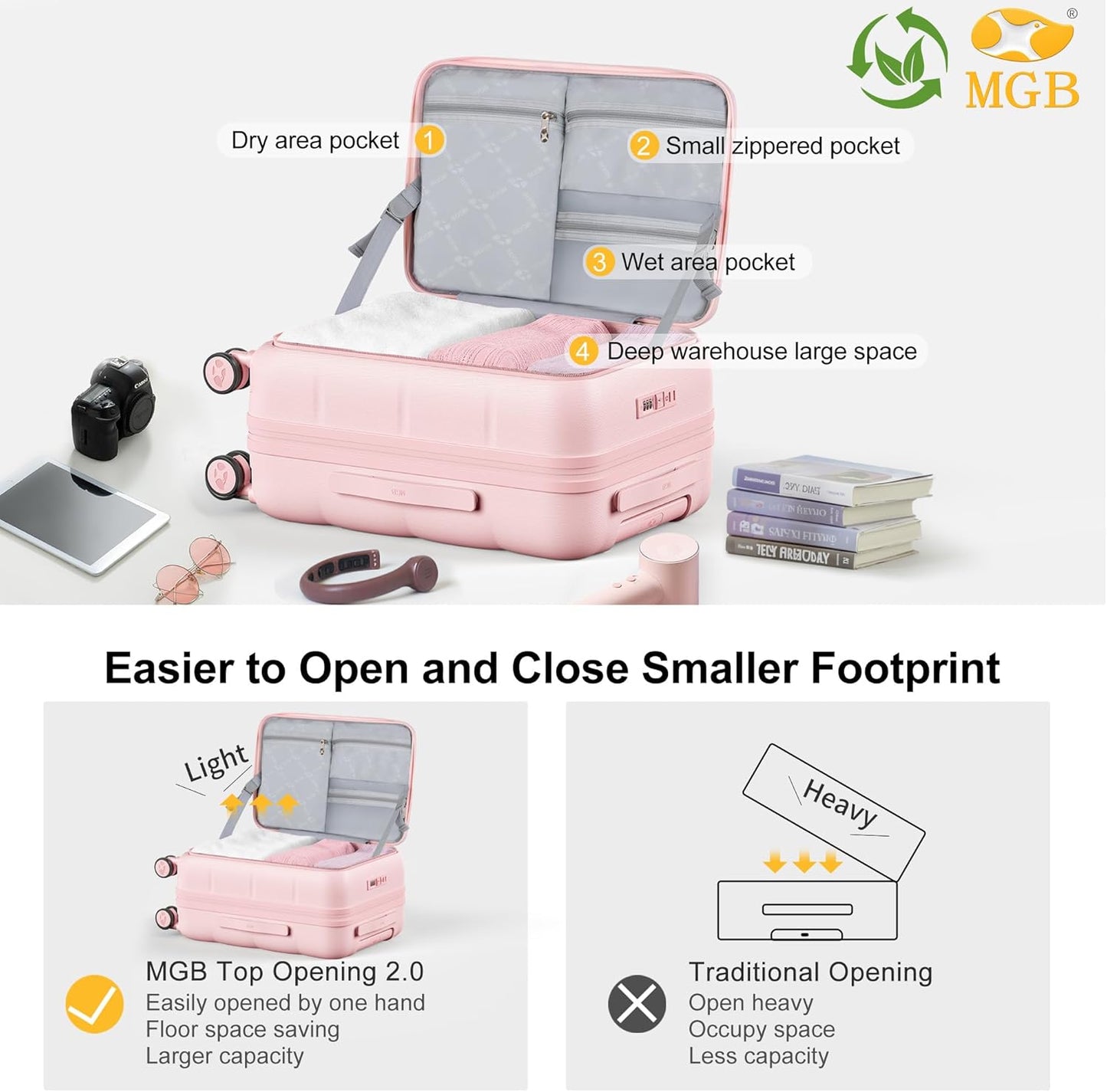 MGB 20 Inch Expandable Carry On Luggage with Wheels PC Hard Shell Suitcase Top Opening Travel Luggage Suitcases for Woman Men Gifts (Pink)