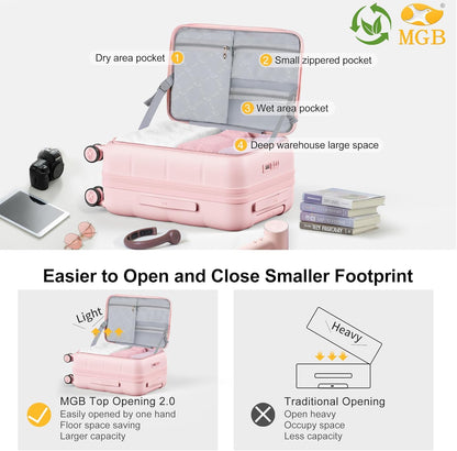 MGB 20 Inch Expandable Carry On Luggage with Wheels PC Hard Shell Suitcase Top Opening Travel Luggage Suitcases for Woman Men Gifts (Pink)