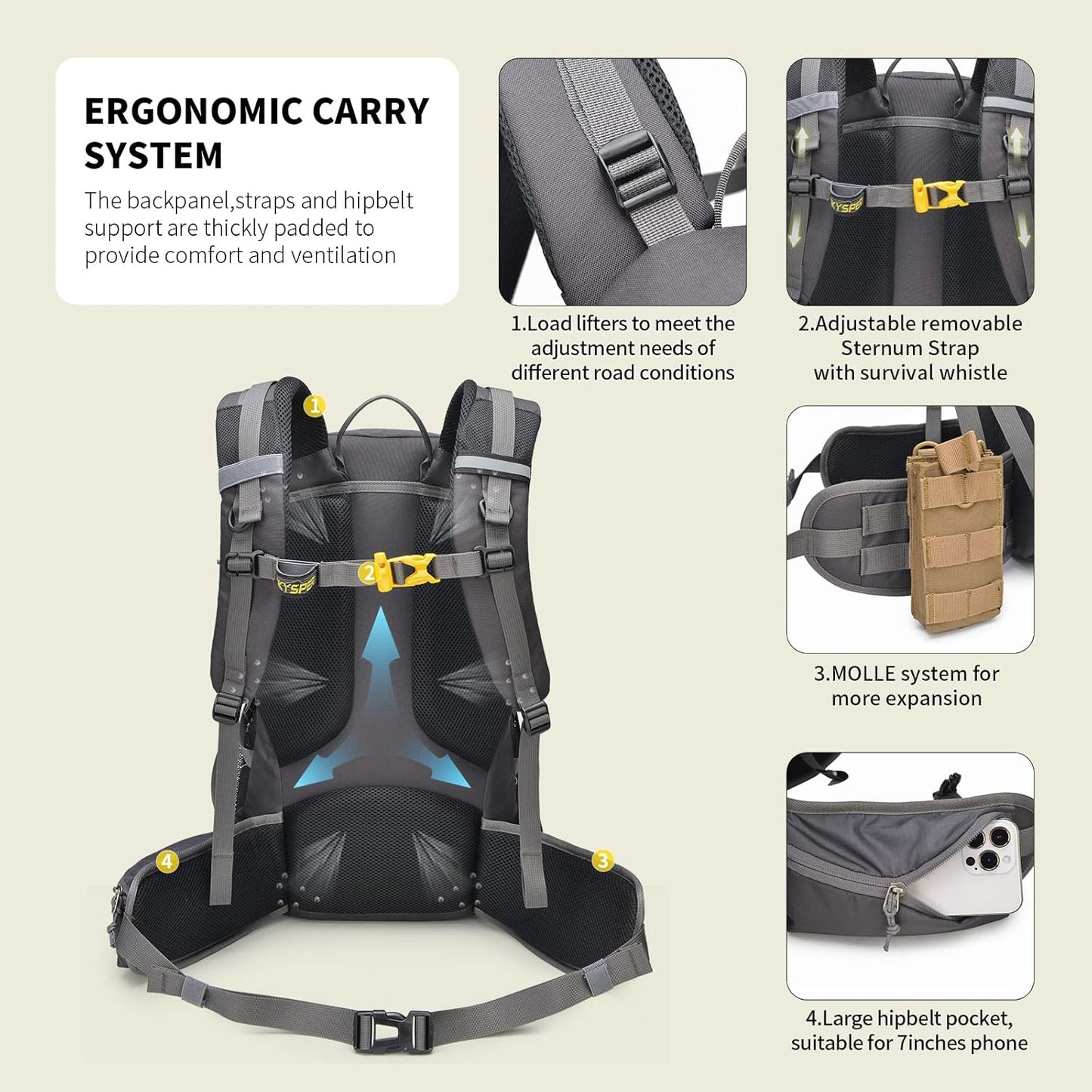 SKYSPER Hiking Backpack for Men Women, 35L Travel Backpack Waterproof Camping Backpack Outdoor Lightweight Daypack