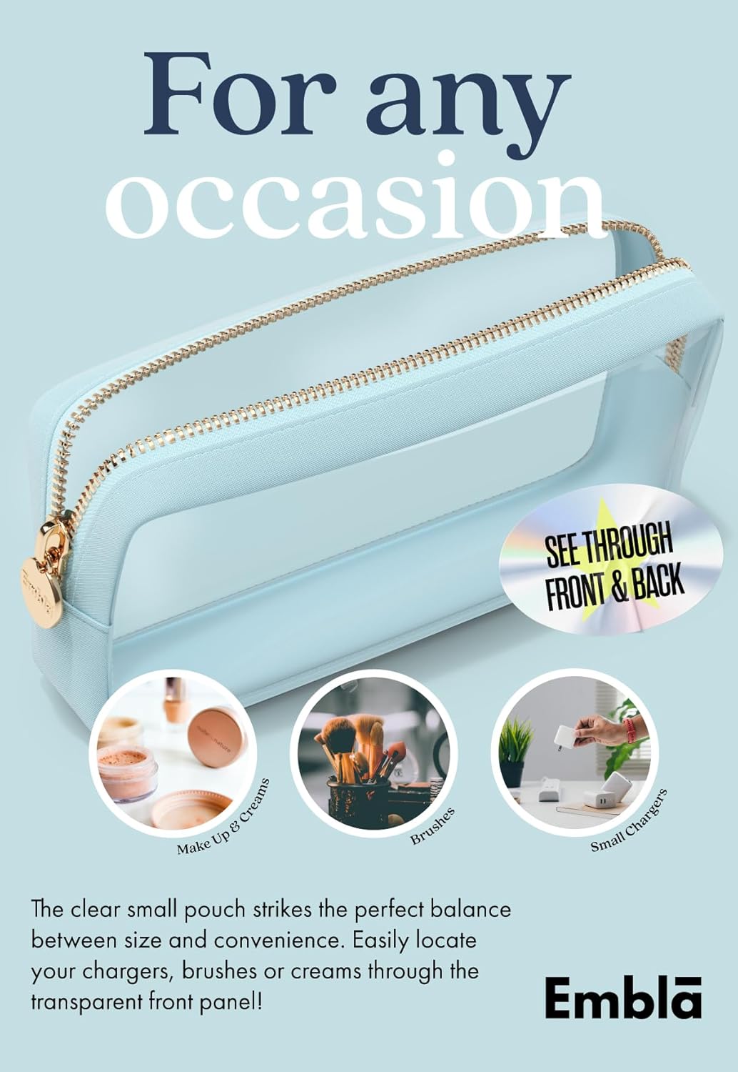 Clear Makeup Bag Zipper Pouch, Transparent Cosmetic Case Organizer, TSA Approved Travel Toiletry Case, Travel Accessories Essentials Makeup Tote for Women, Small Cute Make up Bag for Purse - Sky