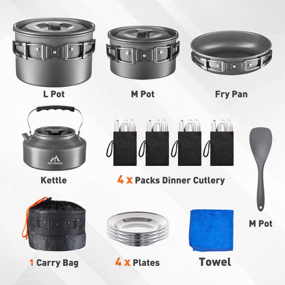 27pcs Camping Cookware Mess Kit for 2-4 People, Portable Cookware Set with Kettle, Pots & Pans, Stainless Steel Utensils, Plates, Dishware for Backpacking, Picnic, Outdoor Adventures