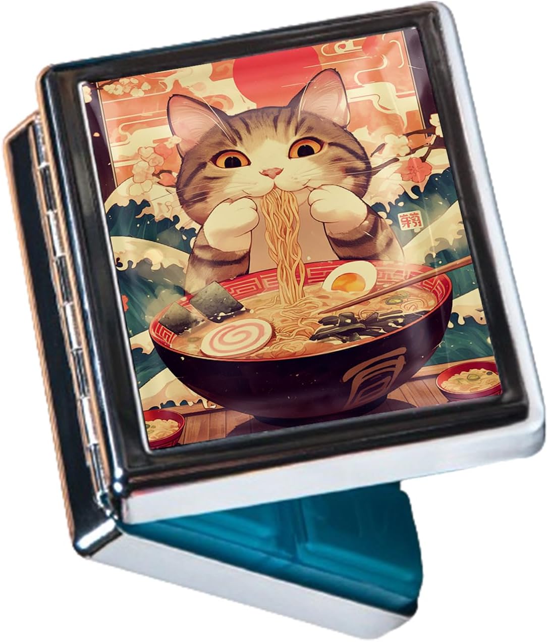 8‑Compartment Metal Pill Box Organizer – Portable Medicine Case 3″×2.6″ | Food‑Grade Dividers | Secure Snap Button Lid | Travel & Gift for Seniors (Ramen Kitty Feast)