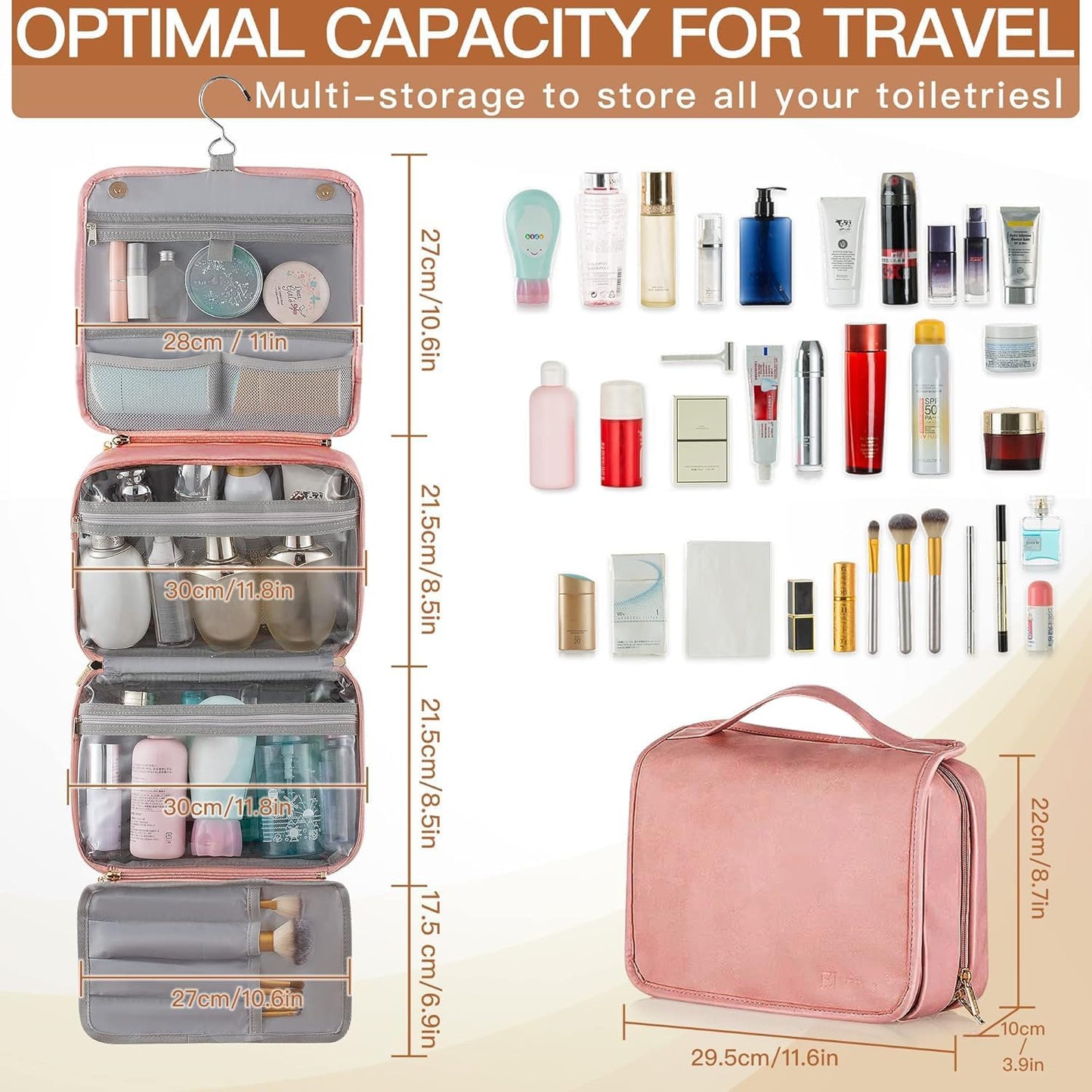 Elviros Hanging Travel Toiletry Bag for Women, 3-in-1 Large Makeup Bag and Cosmetic Organizer, Vegan Leather Waterproof Skincare Case for Travel Size Toiletries and Accessories