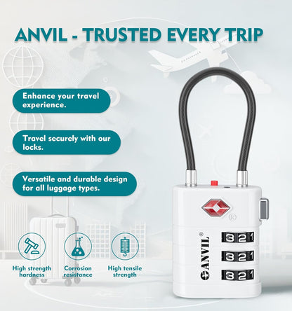 ANVIL TSA Approved Luggage Locks – High Security TSA008 Combination Travel Locks with Inspection Indicator for Suitcases and Backpacks. (3, White)