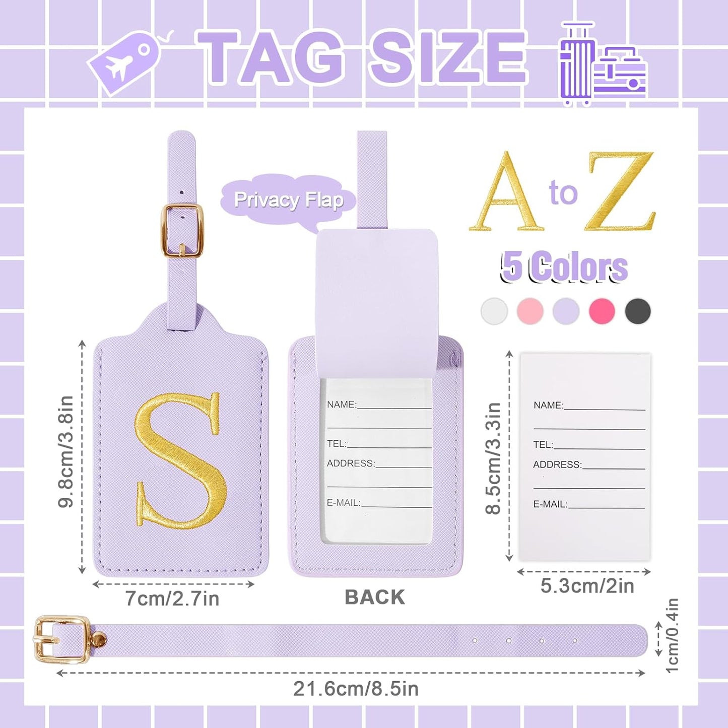 Personalized Initial Luggage Tags for Suitcase, Purple Leather Cute Luggage Tags with Privacy Cover Name Card, Embroidered Custom Monogrammed Luggage Tag Travel Backpack Tags Gifts for Women Kids(S)