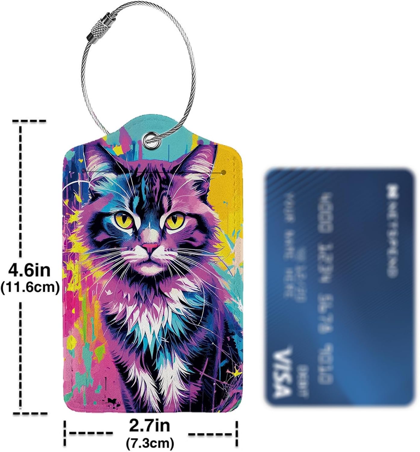 Colorful Cat 2 Pack Luggage Tag for Suitcase, Cute Unique Leather Bag Tags Identifiers Privacy Cover ID Label with Steel Loop for Women Men Kids Girls Travel,
