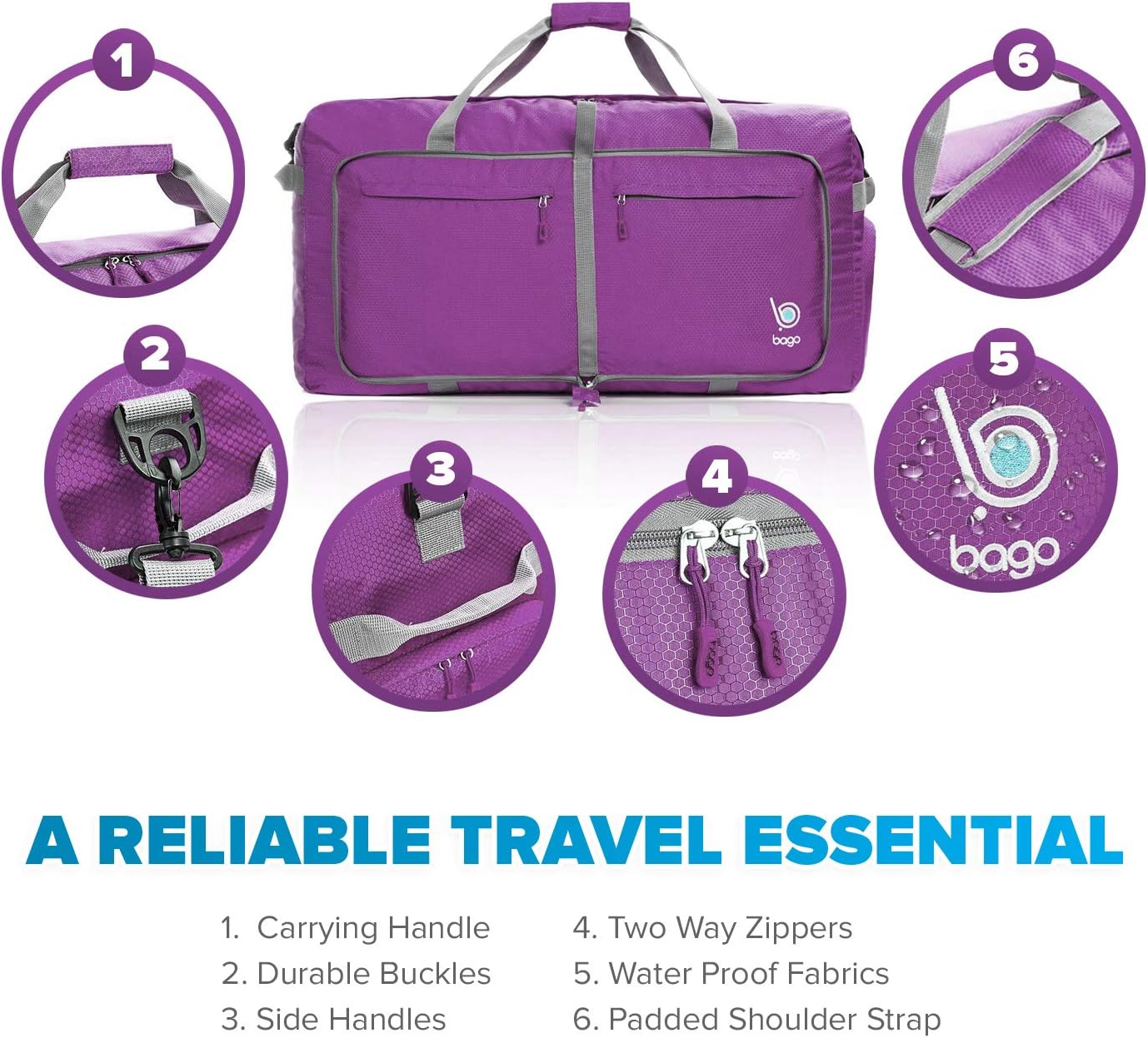 Bago Large Foldable Duffel Bags for Traveling Women & Men - 100L Packable Duffle Bag for Travel with Shoe Compartment - Water Repellant, Heavy Duty, Lightweight Folding & Collapsible (Purple)