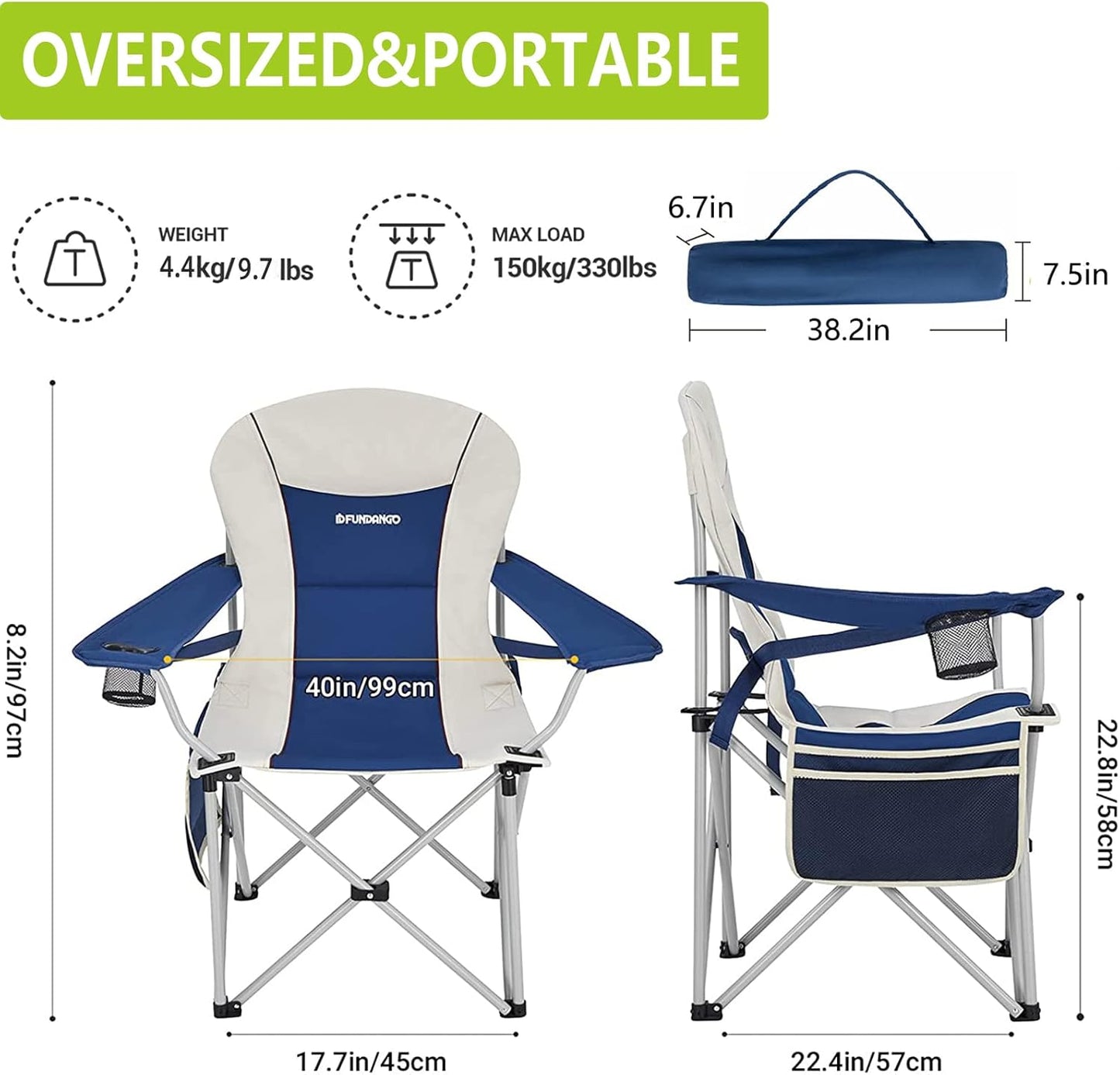 FUNDANGO 2 Packs Oversized Camping Chair with Lumbar Back Support Padded Outdoor Heavy Duty Camping Chair for Adults with Cup Holder, Armrest, Support 300 lbs