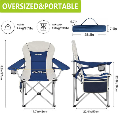 FUNDANGO 2 Packs Oversized Camping Chair with Lumbar Back Support Padded Outdoor Heavy Duty Camping Chair for Adults with Cup Holder, Armrest, Support 300 lbs