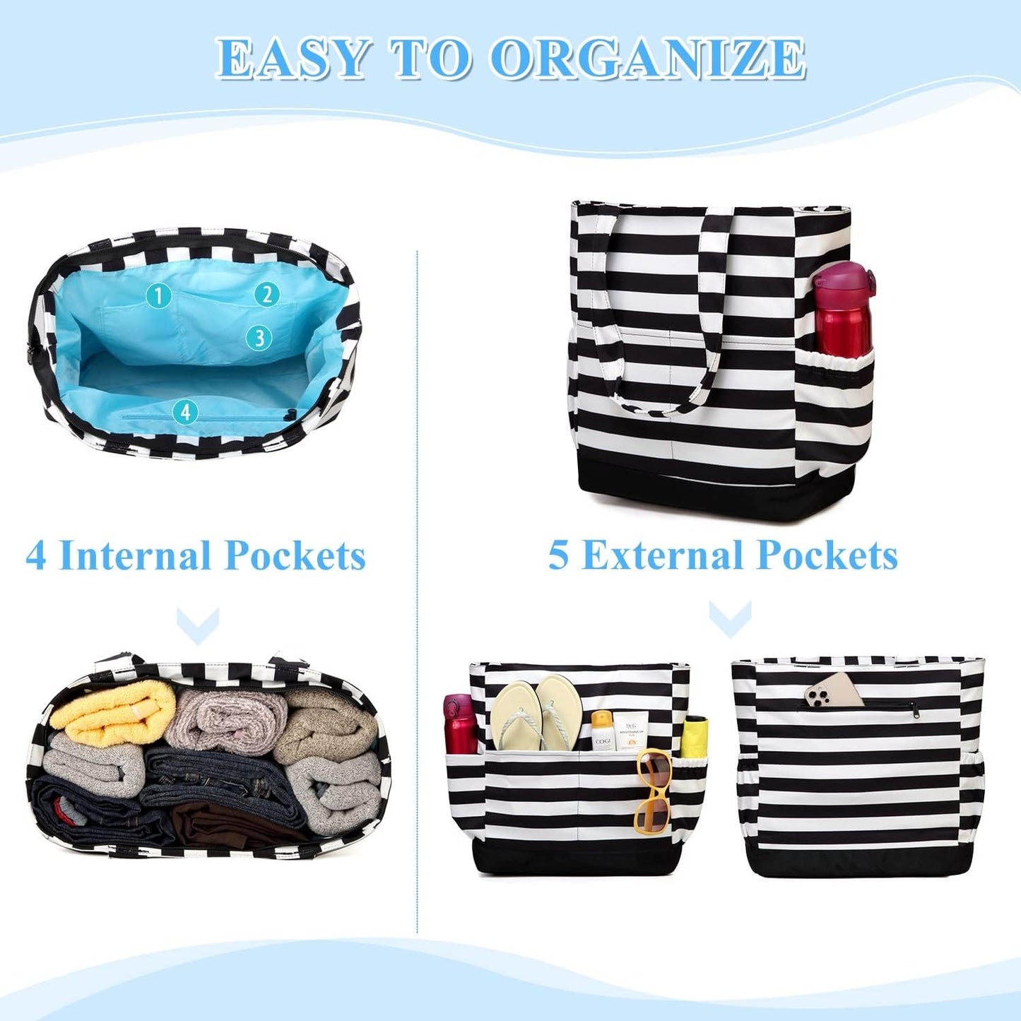 VASCHY Beach Bag for Women, Large Waterproof Sandproof Fold-able Packable Pool Tote Bag w Zipper/Pockets