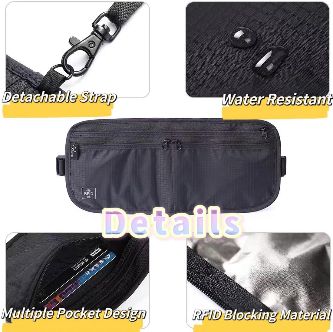 Travel Passport Holder 【1 PACK】2 in 1 Slim RFID Blocking Travel Money Belt for Men & Women, Hidden Neck Wallet for Credit Cards, Documents & Cash, Fanny Pack, MA-MO (Black)