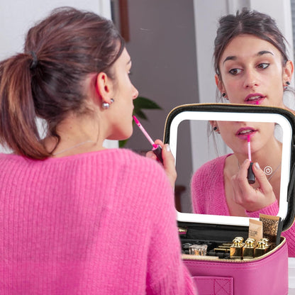 Makeup Travel Train Case with Mirror LED Light 3 Adjustable Brightness Large Cosmetic Bag Portable Storage Adjustable Partition Waterproof Makeup Brushes Make up Jewelry Gift for Women