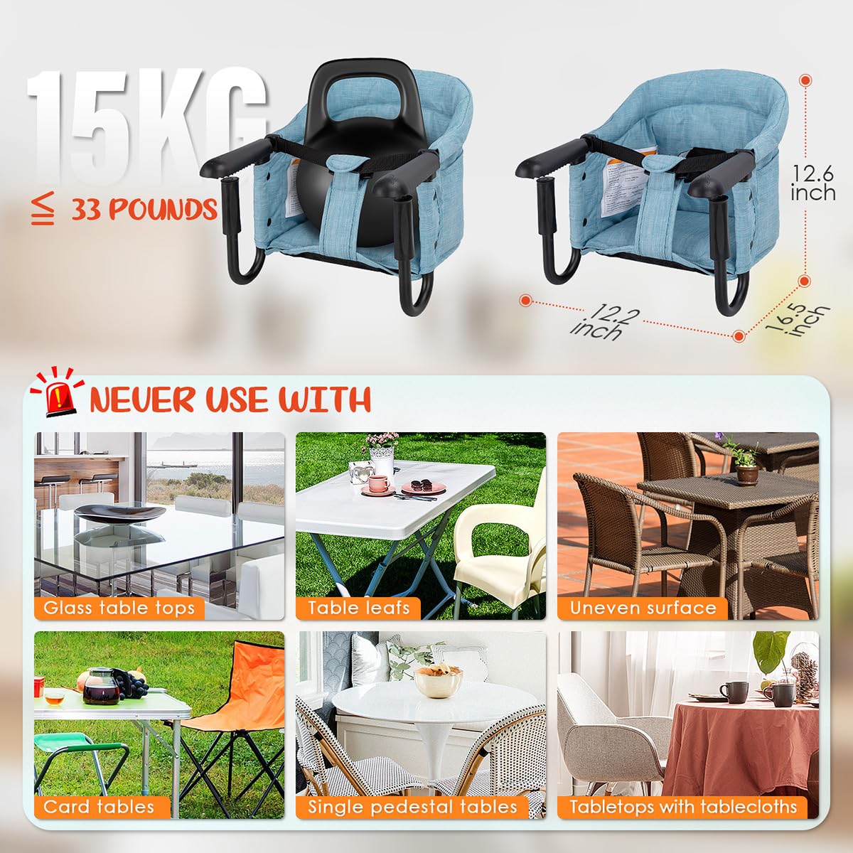 Hook On Chair with Removable Dining Tray,Portable Hook-On Chairs with Storage Bag,for Home and Travel(Sky Blue)