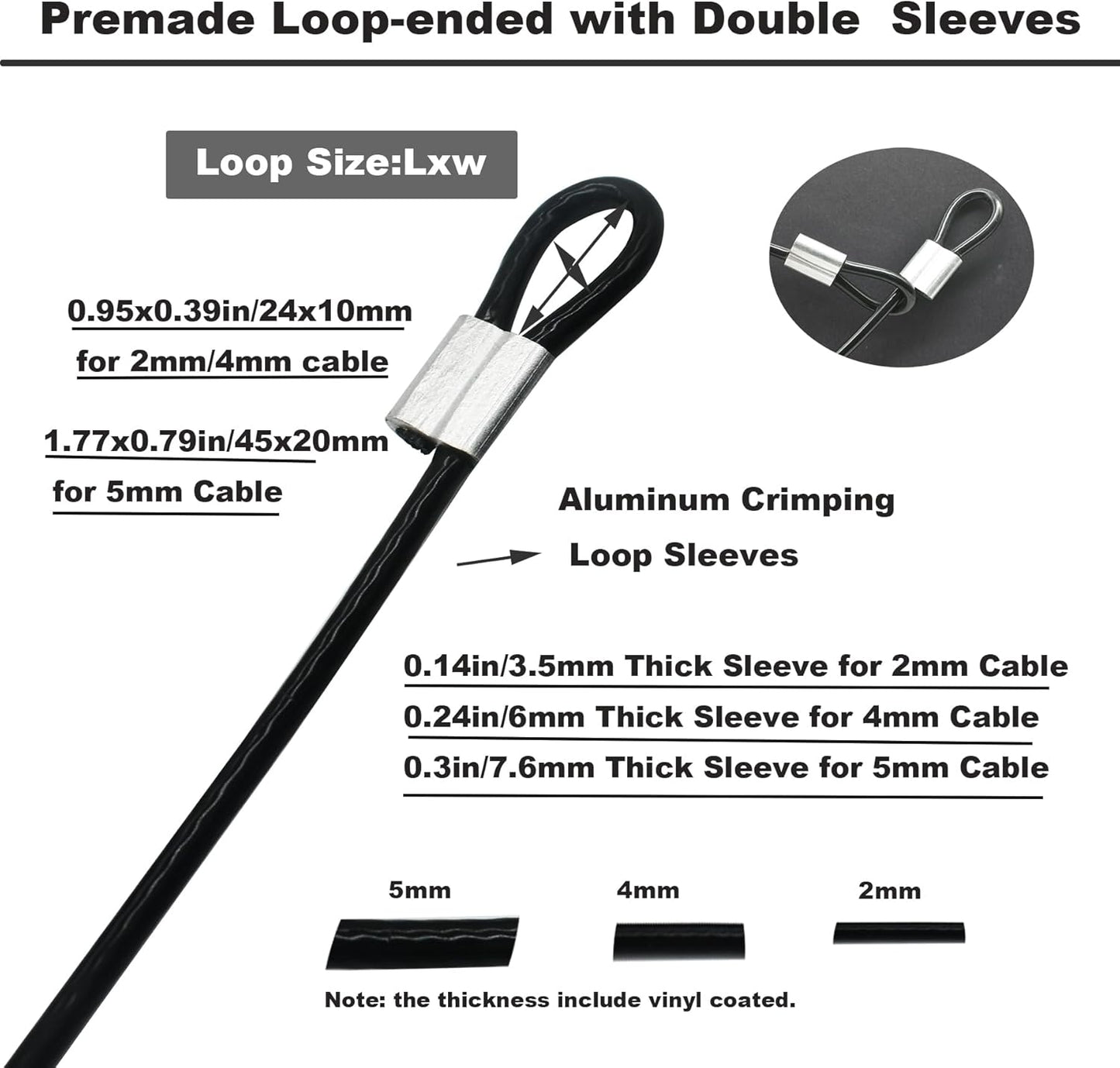5 Pcs 4mm Wire 36 inch Vinyl Coated Stainless Steel Cable with Loops Short Wire Rope Lanyard Lock Security Chain Link for Outdoor Gates, Black(4mm x 36inch)