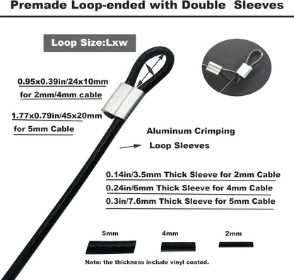 5 Pcs 5mm Wire 48 inch Vinyl Coated Stainless Steel Cable with Loops Short Wire Rope Lanyard Lock Security Chain Link for Outdoor Gates, Black(5mm x 48inch)