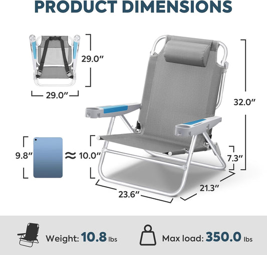 ICECO Backpacking Beach Chairs for Adults, 5 Positions Reclining Chair, Heavy Duty Folding Chairs, Portable Lay Flat Outdoor Chair with Cup Holder for Beach, Camping, Lawn, 350lb Capacity