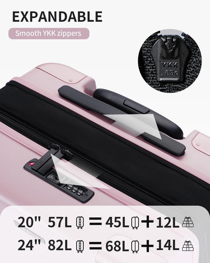 ECOHUB Hardside Expandable Carry On Luggage Sets, Recycled PC 20/24" Rolling Luggage Airline Approved with Spinner Wheels & TSA Lock, Lightweight Hardshell Travel Suitcase, 20+24 inch Carry-on Pink