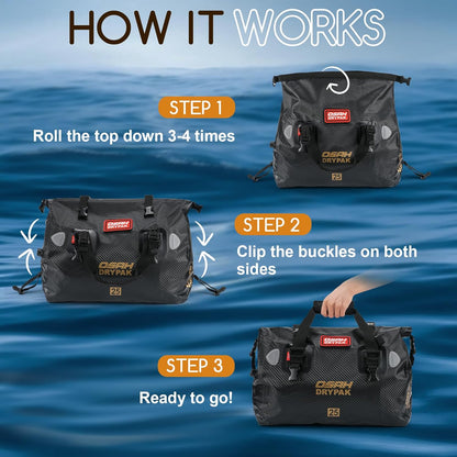 Waterproof Duffel Bag - Motorcycle Dry Bag Tail Bag with Large Storage Space, Waterproof Luggage Duffle Bags with Outer Mesh Zipper Pocket for Camping, Kayaking, Fishing & Traveling