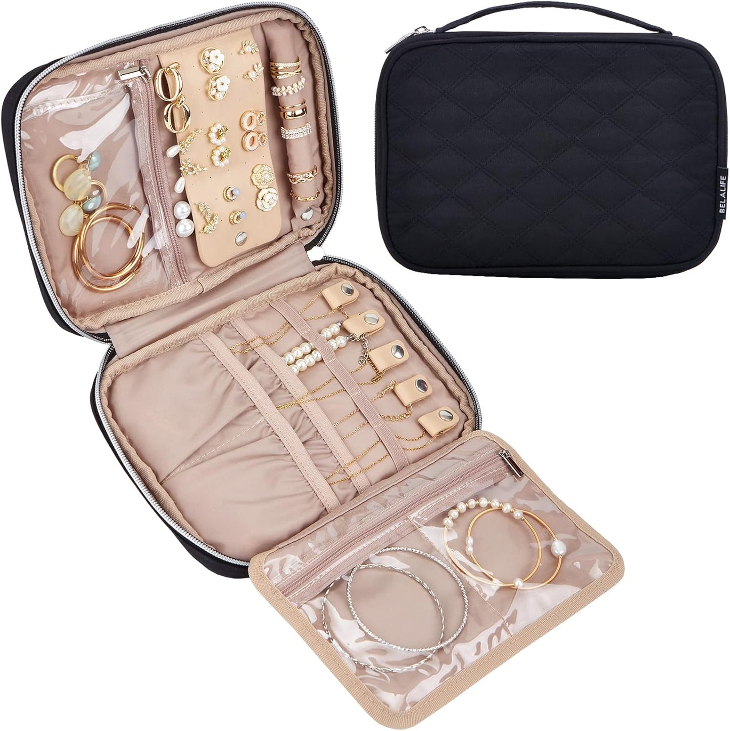 BELALIFE Travel Jewelry Organizer, Portable Storage Case for Earrings, Rings, Necklaces, Bracelets, Black