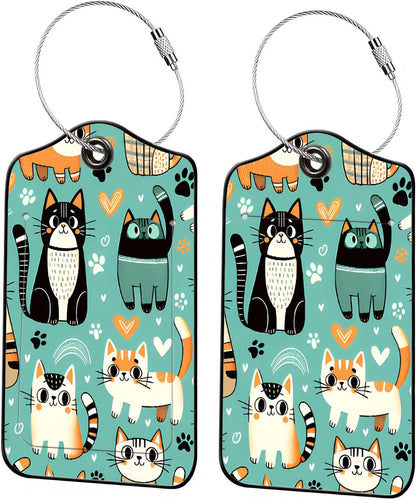 Luggage Tags for Suitcases, 2-Pack PU Leather for Cruise & Travel, Baggage ID Tags with Privacy Cover & Address Card, Durable Metal Ring, Kids Adults Travel Accessories, Cute Cat Print
