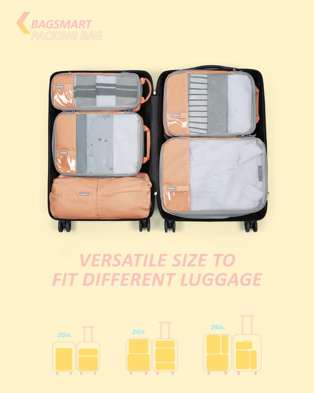 BAGSMART 6 Set Compression Packing Cubes - Lightweight Travel Essentials, Durable Luggage Organizer