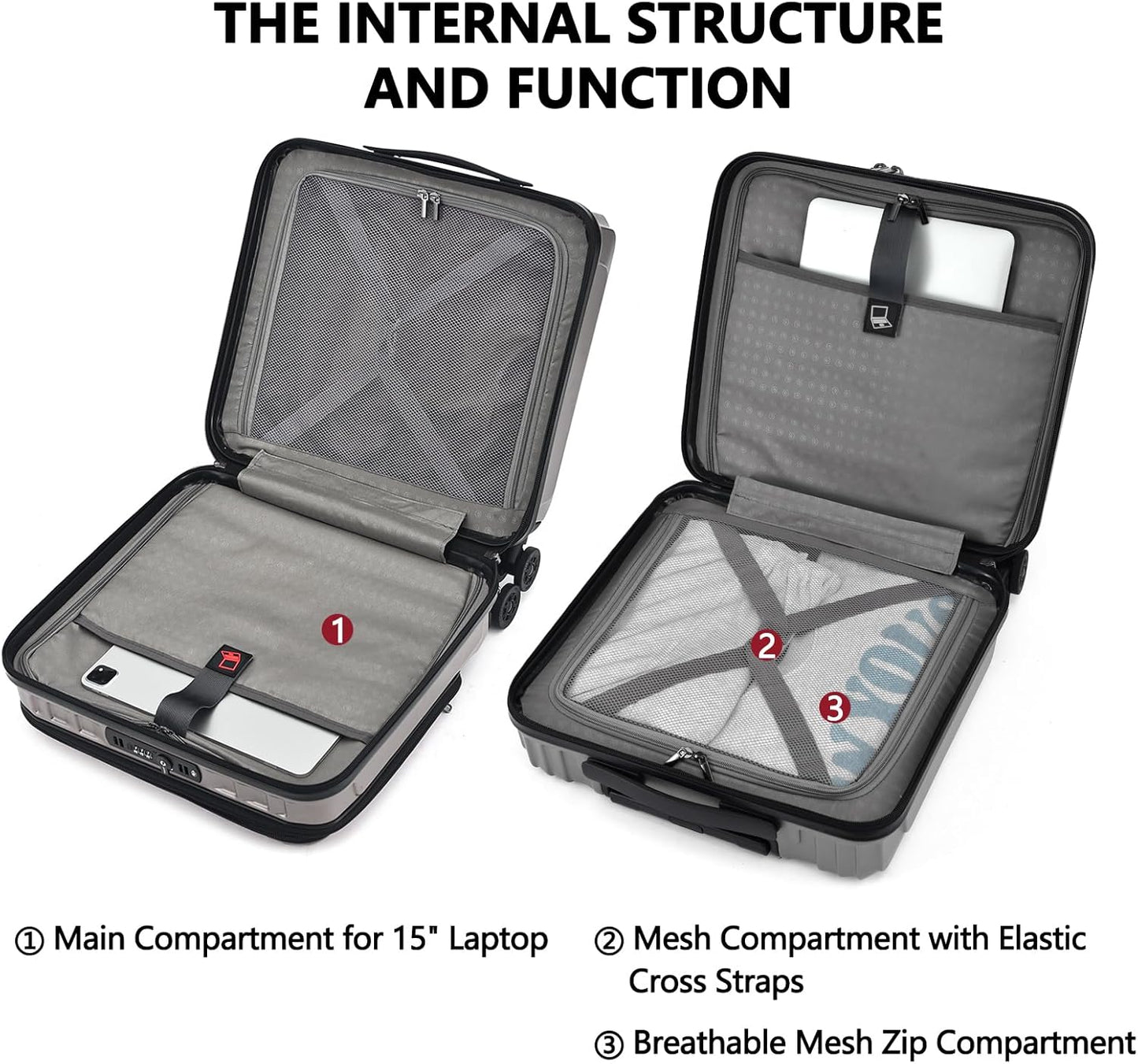 TydeCkare 16" Carry on Luggage with 2 Laptop Compartments, Lightweight Hardshell ABS+PC Suitcase with Dual Control TSA Lock, with YKK Zipper, 4 Spinner Silent Wheels, for Business Travel, Silver Grey