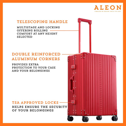 Aleon All Aluminum Lightweight 26" Carry-On Luggage - Hardside Carry-On Suitcase, TSA Approved, Hard Shell Suitcase for Travel, Airline Approved Hard Spinner Wheels Luggage (Ruby)
