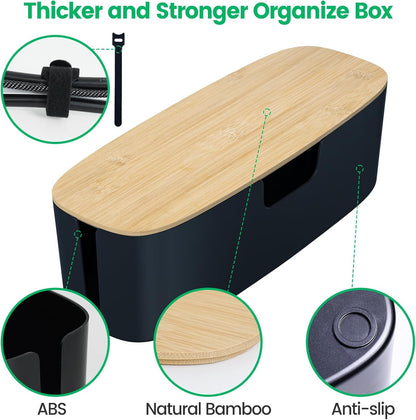 Large Cable Management Box - Cord Organize Box with Bamboo lid for Safe Home & Office, Cord Hider for Power Strip Under Desk, Cover TV Wires, Child & Pet Proof Cord Box, Black