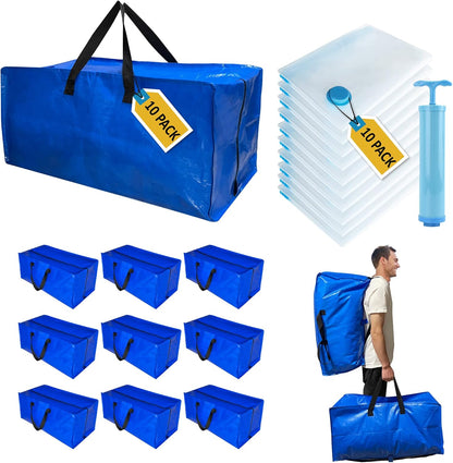 20 Pack Heavy Duty Extra Large Moving Totes with Backpack Straps & Large Vacuum Storage Bags - Space Saving, Fold Flat, Includes Vacuum Bags
