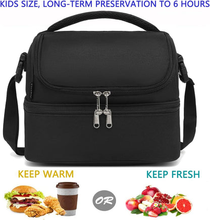 FlowFly Double Decker Cooler Insulated Lunch Bag Large Tote for Boys, Girls, Men, Women, With Adjustable Strap,Black