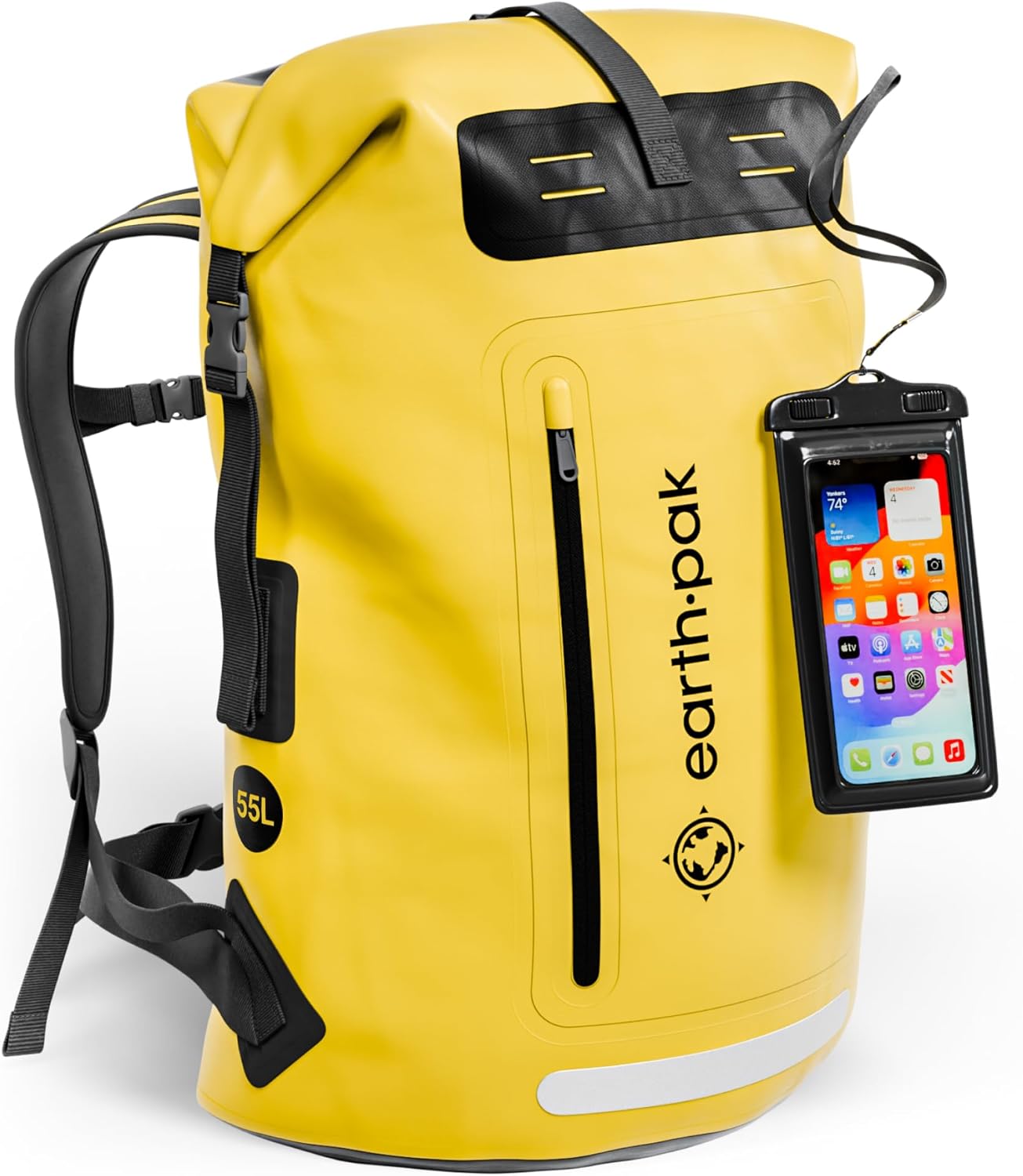 Earth Pak Waterproof Backpack - Heavy Duty Hiking Backpack - Roll-Top Closure Bag - Cushioned Dry Bag Waterproof Phone Case
