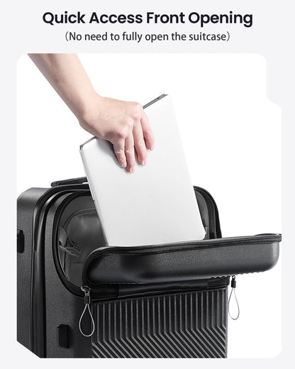 UrbanExplorer 20 Inch Carry-On Luggage with Front Opening, Cup Holder & USB Port, Lightweight ABS+PC Hardshell Spinner Suitcase, Airline Approved, 360° Wheels, White