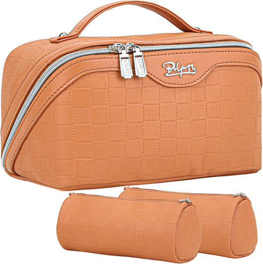 Travel Makeup Bag Organizer Cosmetic Bag: 3 Pcs Set Make up Bags for Women with Handle - Waterproof Vegan Leather Toiletry Bags with Comparments (C-08-Orange)