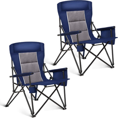 HIGH POINT SPORTS Oversized Camping Chairs for Adults, High Back Heavy Duty Lawn Chair Support 500LBS, Padded Portable Collapsible Chair with Cup Holder, Blue, 2 Pack