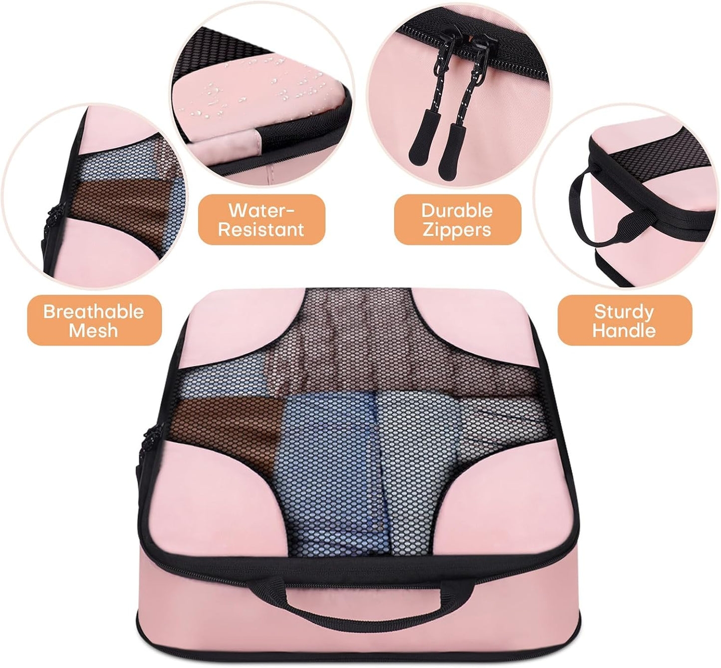 6 Set Compression Packing Cubes for Travel Women, Compression Bags Organizer for Packing Luggage Space Saving, Suitcase Organizer Set for Travel Essentials - Pink