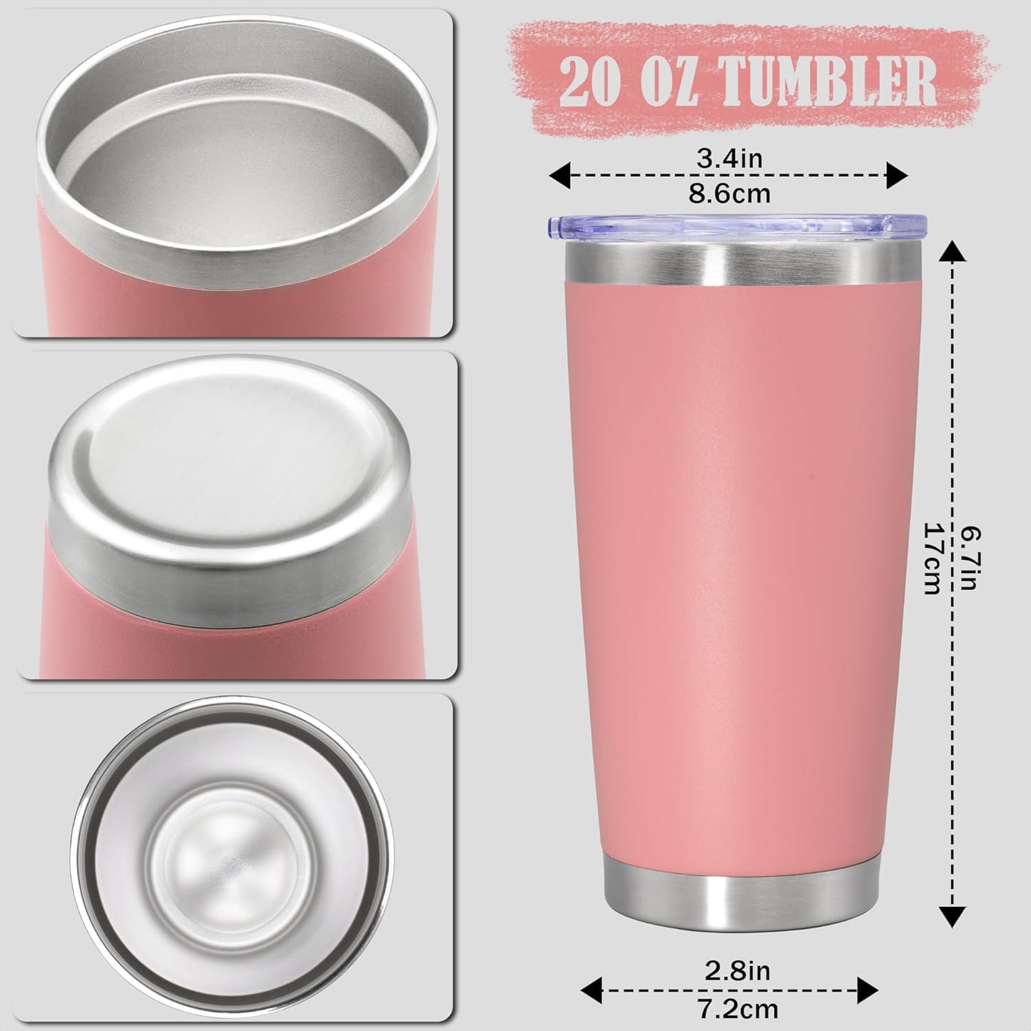 20 oz Tumbler Coffee Tavel Tumblers Bulk with Lid Stainless Steel Double Wall Vacuum Insulated Mug Powder Coated Cups fit Car Cupholder for Hot and Cold - Pink, 8Pack