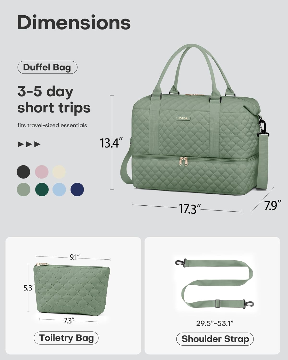 HOTOR Travel Duffel Bag - Weekender Bags for Women, Carry On Overnight Bag with Shoe Compartment, with Toiletry Bag for Travel Essentials and Travel Accessories, Green, 13.4"×17.3"×7.9"