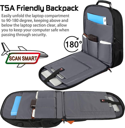 18.4 Laptop Backpack Women Men, 55L-60L Flight Approved Extra Large Travel Backpack RFID Anti Theft and TSA Friendly Backpack, Water Resistant College School Heavy Duty With USB Charging Port, Orange